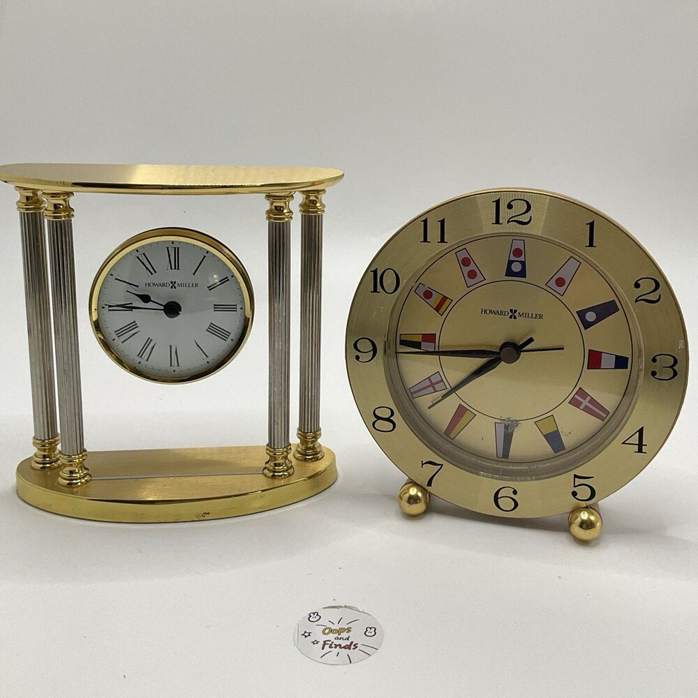 Lot of 2 Howard Miller Desk Shelf Clocks Brass Quartz AS-IS For Parts Repair